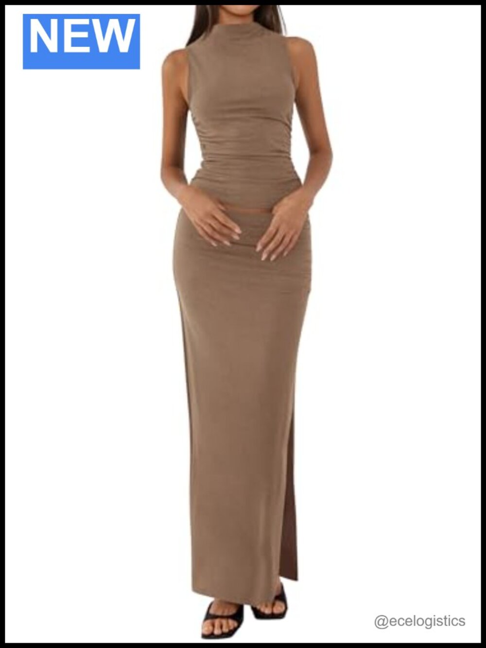 Women Two Piece Skirt Set Mock Neck Sleeveless Bodycon Midi